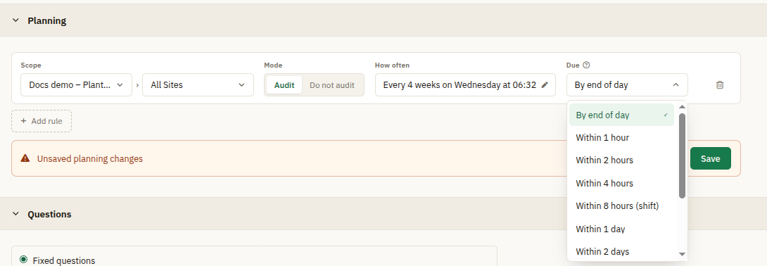 A planning rule on one line, with its Due presets open, above the Unsaved planning changes bar and its Save button